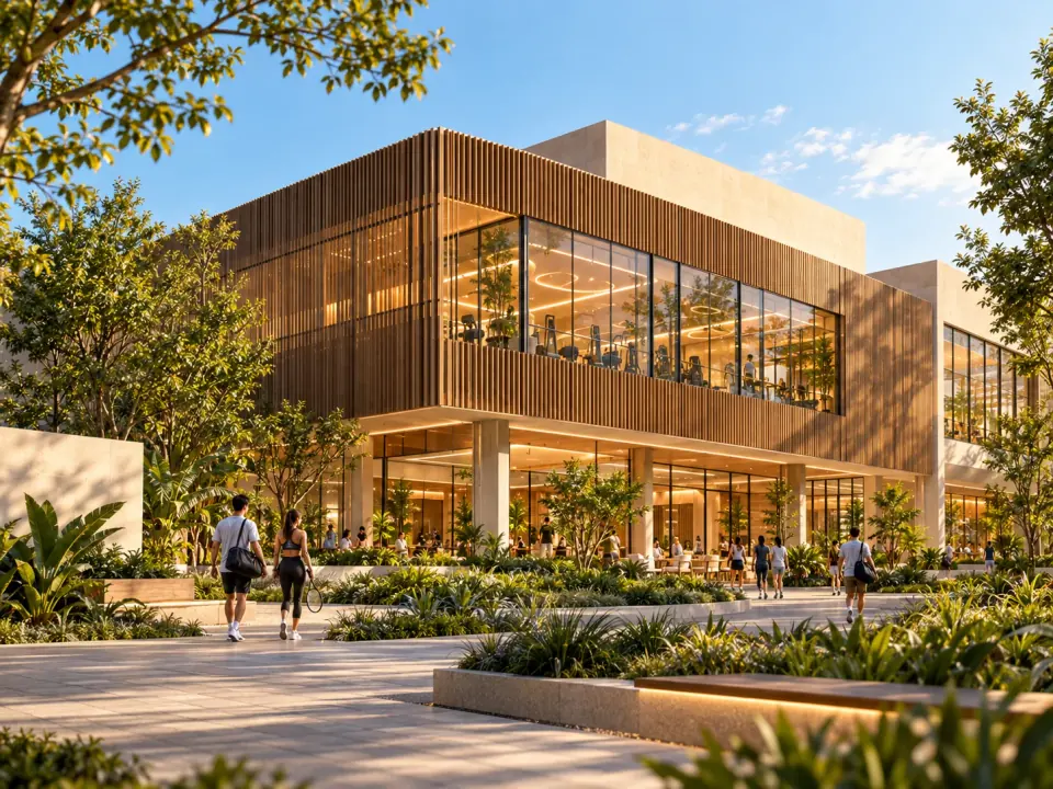 Concept visualization of a timber-clad building with glass facades surrounded by trees
