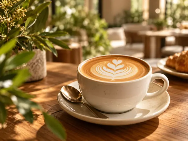 Latte with latte art on a wooden table