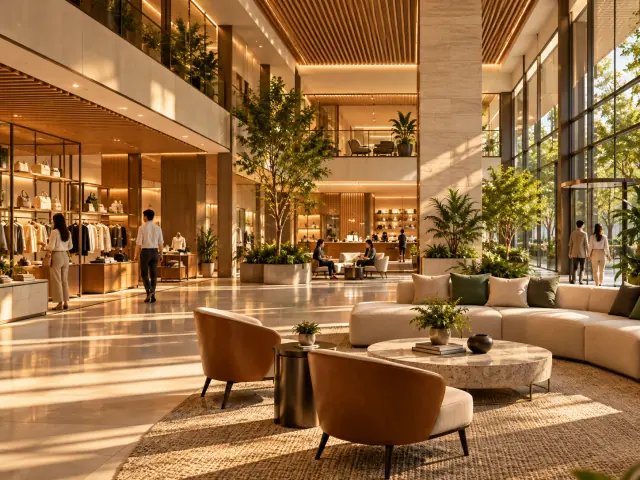 Bright retail and lifestyle hall with timber details
