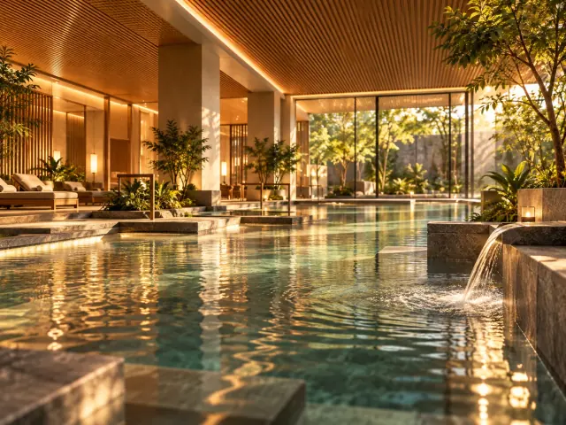 Calm indoor pool with timber ceiling and garden views