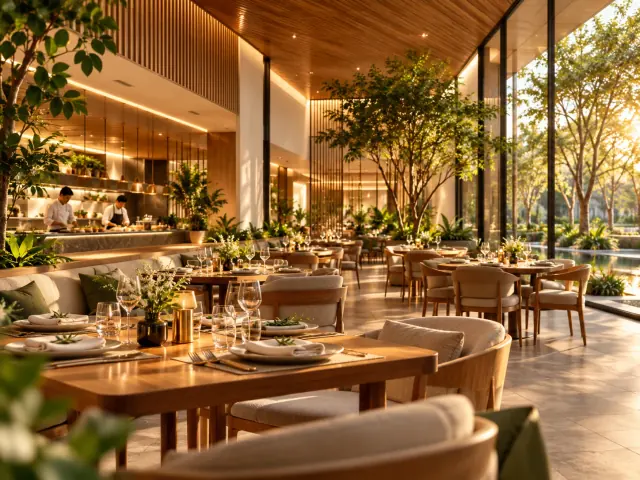 Warm dining room with set tables and greenery