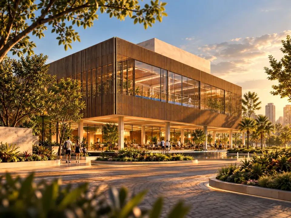 Concept visualization of THE DEUCE: a timber-clad building with large glass facades among trees